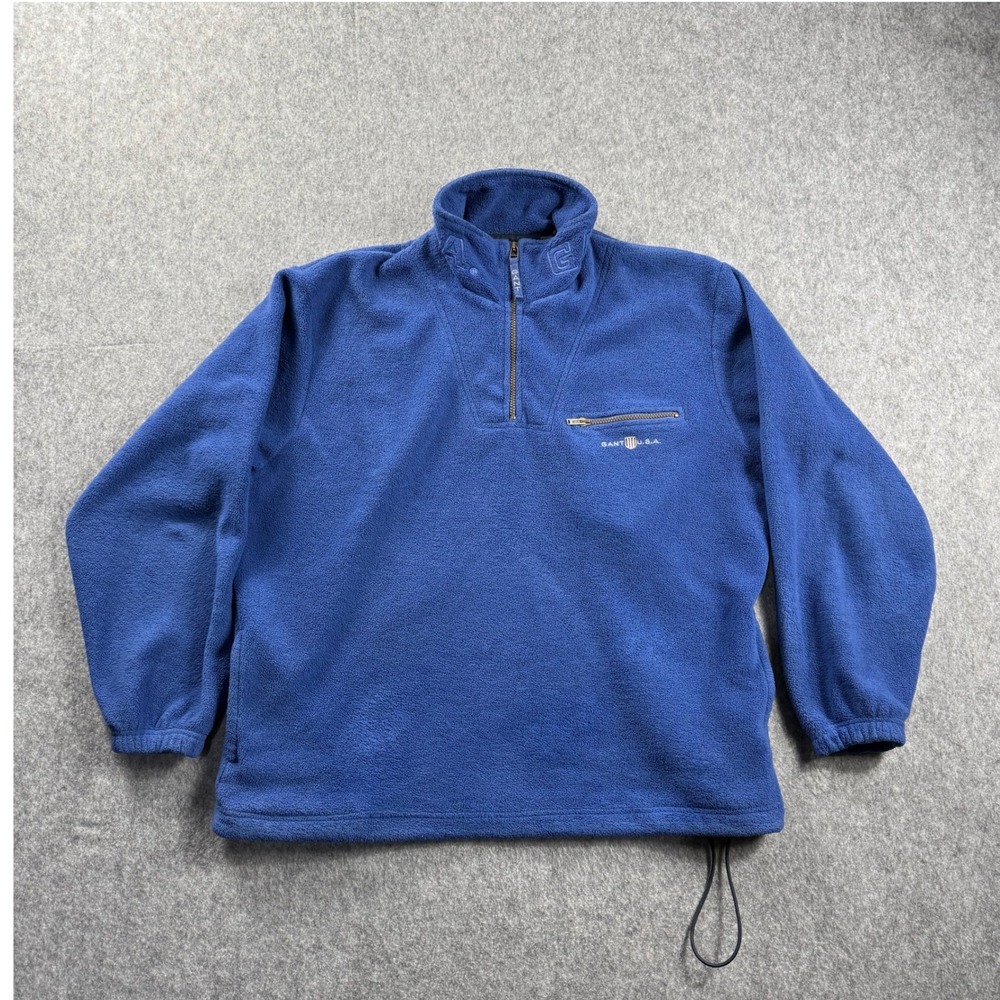 Gant USA Fleece Pullover Mens Sz Large Royal Blue 1/4 Zip Sweater The‎ Rugger